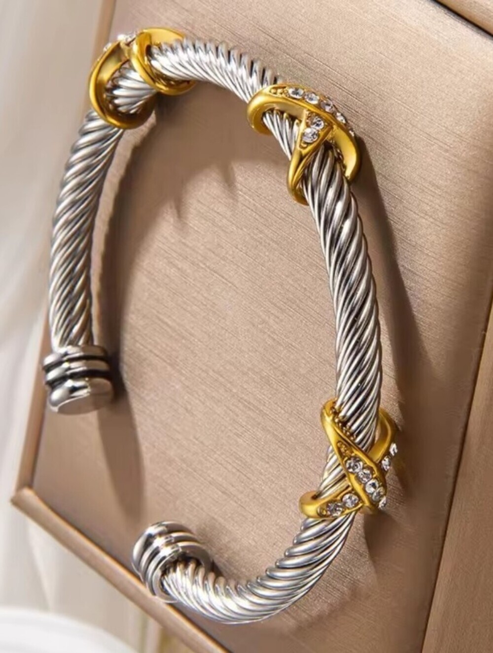 Two-Tone Silver and Gold Twisted Cable Cuff with Crystal Knots